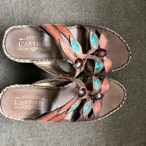 Red and Brown Sandals with Braided Straps and Flat Sole